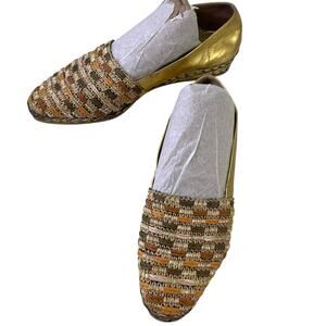 Rangoni Firenze Women Gold Metallic Weave Leather Mini Wedge Slip On Green S 5.5